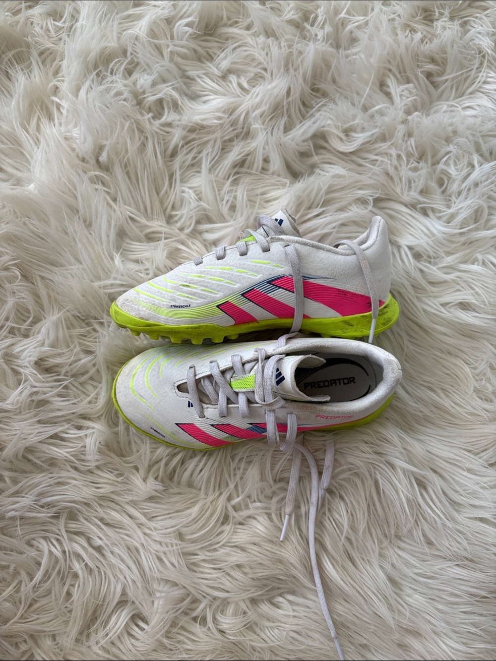 adidas Kids Predator Turf Shoes in White, Pink & Neon Yellow